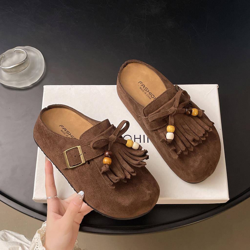 Retro Style Tassel Bag Head Half Slippers Women's 2025 Autumn New Flat-bottomed Lazy Belt Buckle Beaded Matte Slippers
