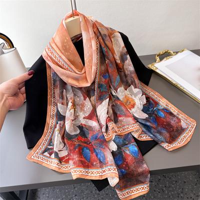 Style Littéraire Impression Découpe de Fleurs Écharpe en Soie Printemps et Été Grande Écharpe Longue Sens Élevé Châle de Voyage Protection Solaire Écharpe pour Femmes Foulard