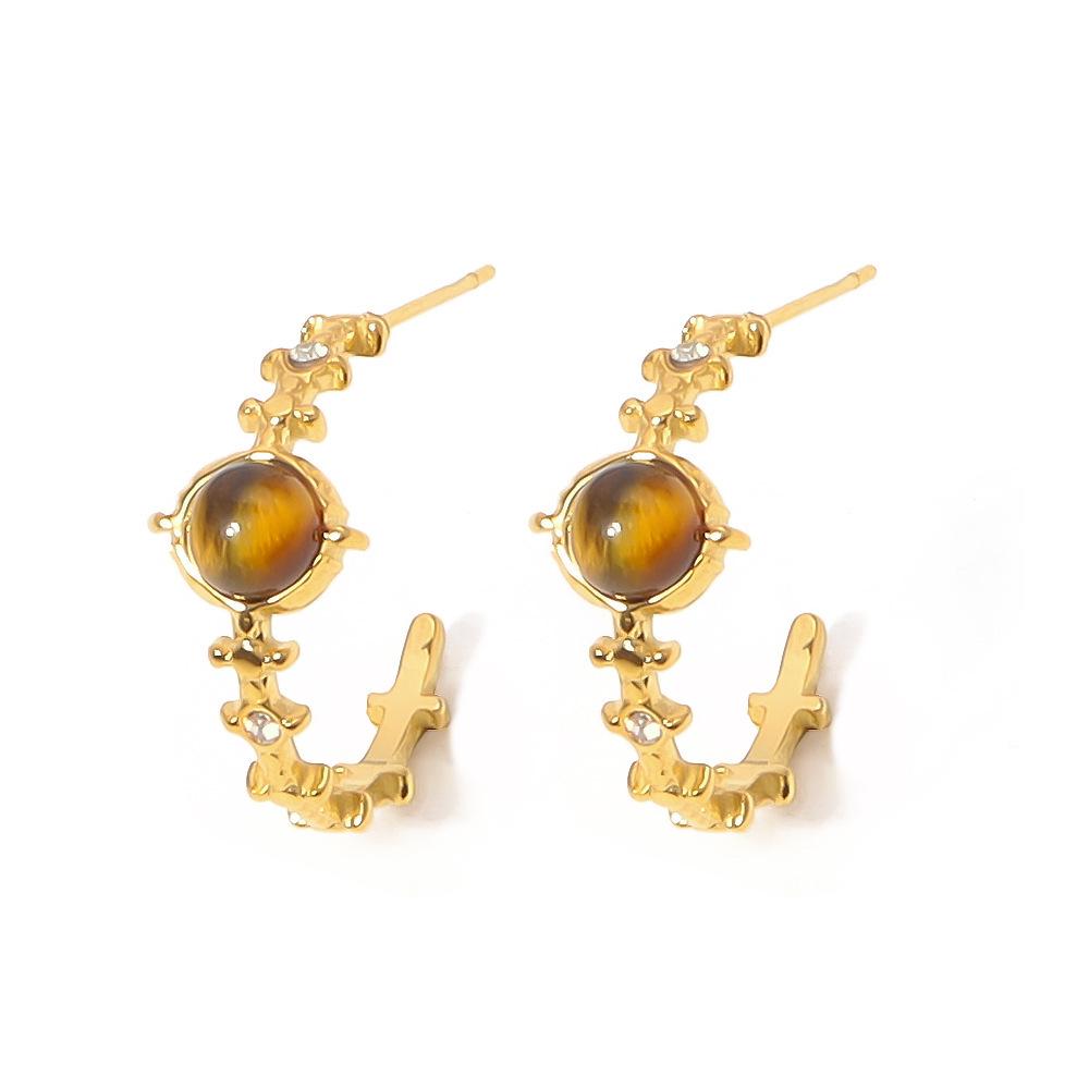 French Retro Tiger's Eye Earrings: Titanium Steel with 18K Gold, Non-Fading Natural Stone, Elegant Brown Design.