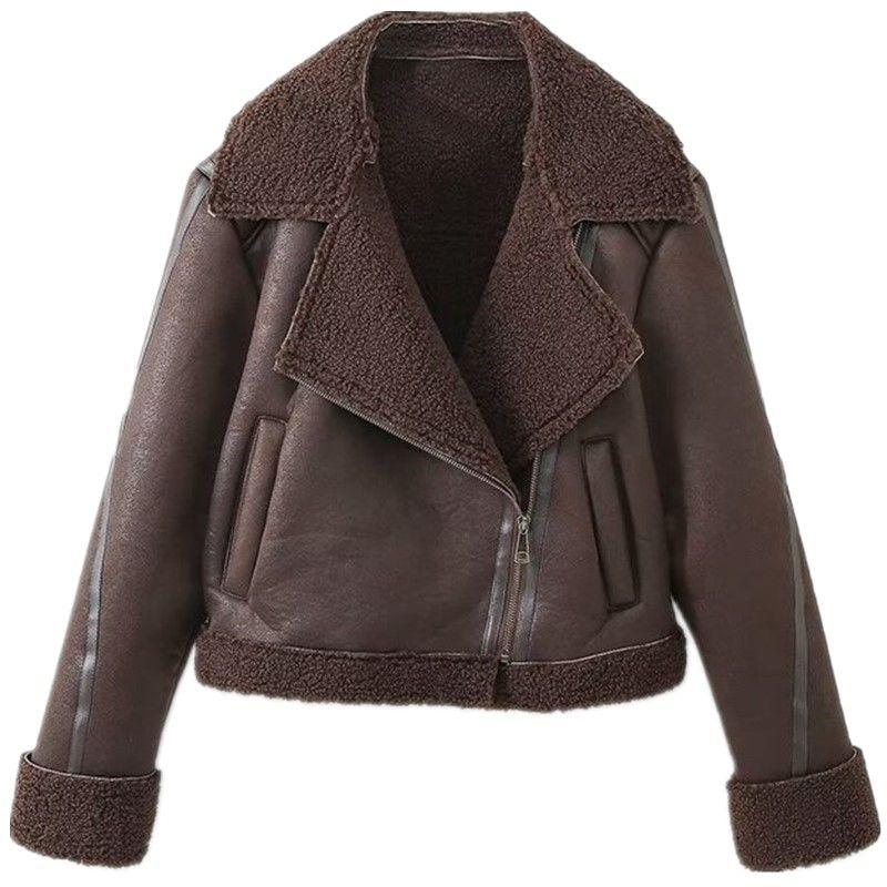 

Модный стиль 2023 Новая осенне-зимняя женская флисовая мотоциклетная короткая куртка кожаное пальто 8741230 700 Brown L