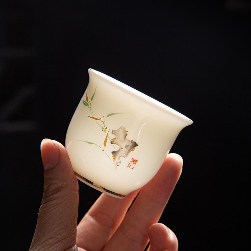 Sheep Fat Jade Ceramic Rose Tea Tasting Teacup, Personal Use Gongfu Set