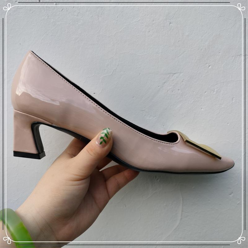 Lady Ww Classic Rv Square Buckle Small Square Head Shallow Mouth High Heels Women's Autumn and Winter New Thick Heel Flat Bottom Commuter Shoes