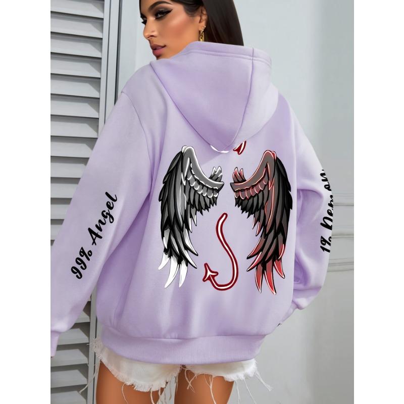 Übergröße Engels- und Dämonen-Print Hoodie, Lässiges Langarm-Kapuzensweatshirt mit Tasche für Winter & Herbst, Entwickelt für Damen