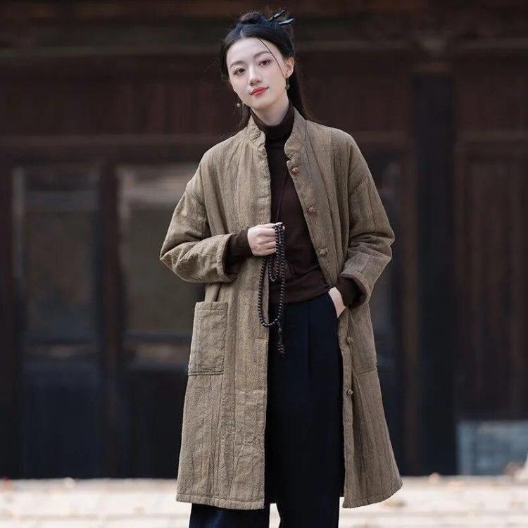 Chinesischer Stil Vintage Damen Parkas Warme Plus Size Baumwollmäntel Langarm Stehkragen Knopfleiste Hochwertige Winterjacke