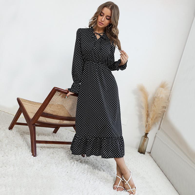 European & American Long-Sleeved Pleated Polka Dot Dress - Autumn/Winter 2022
