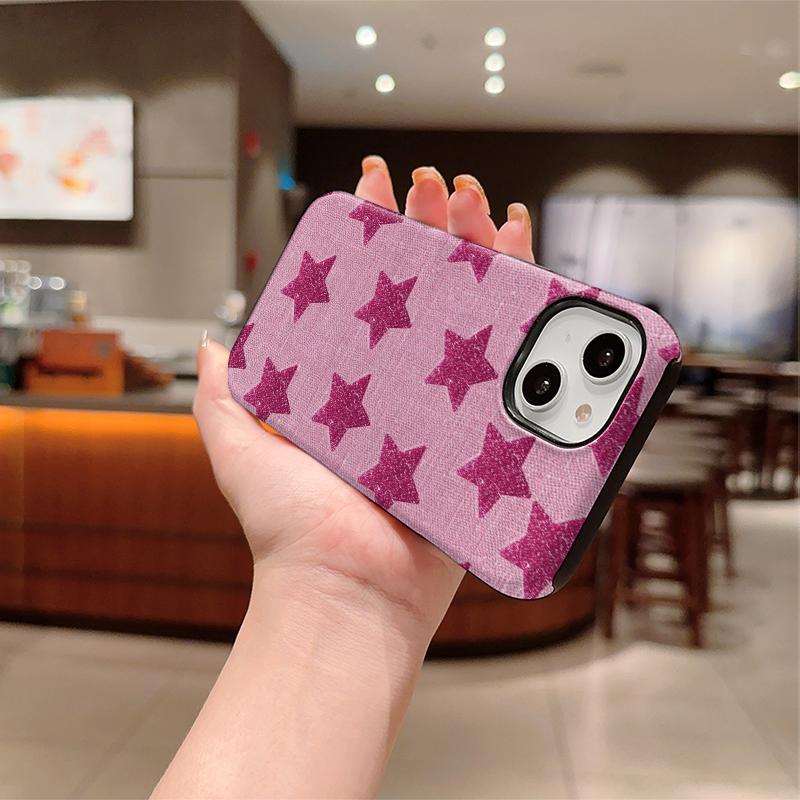 Pink Linen Glitter Star Print Soft Silicone Phone Case Y2K Coquette Cute Girly Aesthetic Shockproof Cover For All Iphone Series