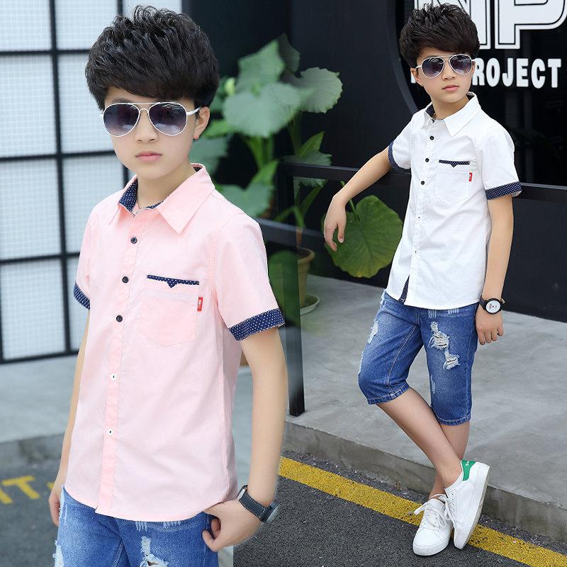 Camicie per ragazzi della scuola Camicette a maniche corte per ragazzi Abbigliamento per bambini Colletto rovesciato in cotone Top per bambini 5 7 9 11 13 15 anni