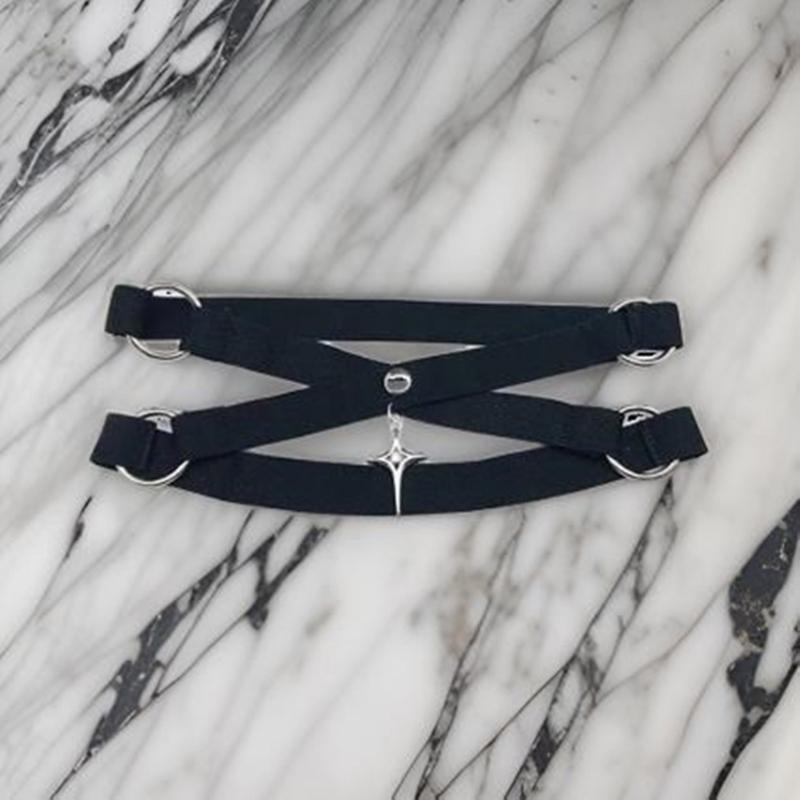 Womens Gothic Punk Elastic Thigh Garter Belt with Metal Star Pendant Leg Harness Straps Crisscross Bandages Leg Wraps