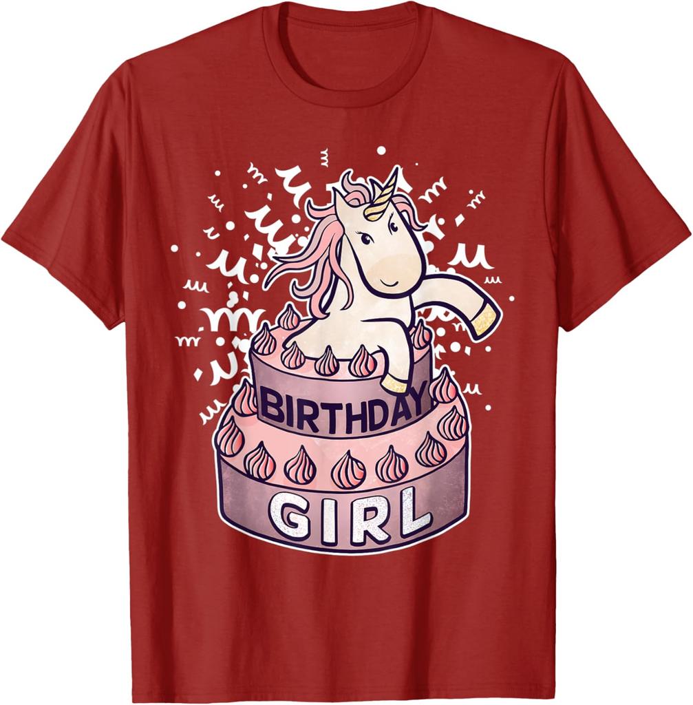 Unicorn Birthday Girl Cake Graphic TShirt Soft Cotton Casual Round Neck Tee