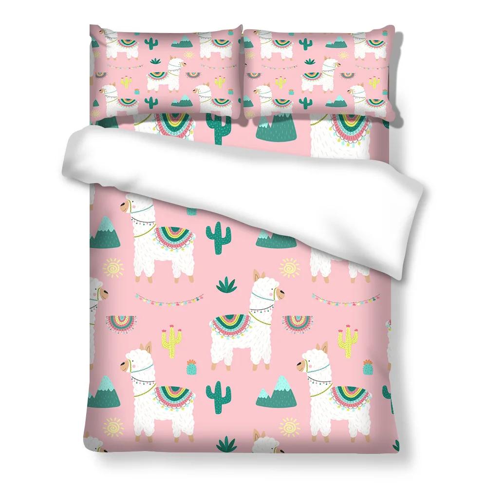 Cartoon Alpaca Duvet Cover King Queen Size Lovely White Animal Bedding Set for Kids Tropical Cactus 2/3pcs Polyester Quilt Cover