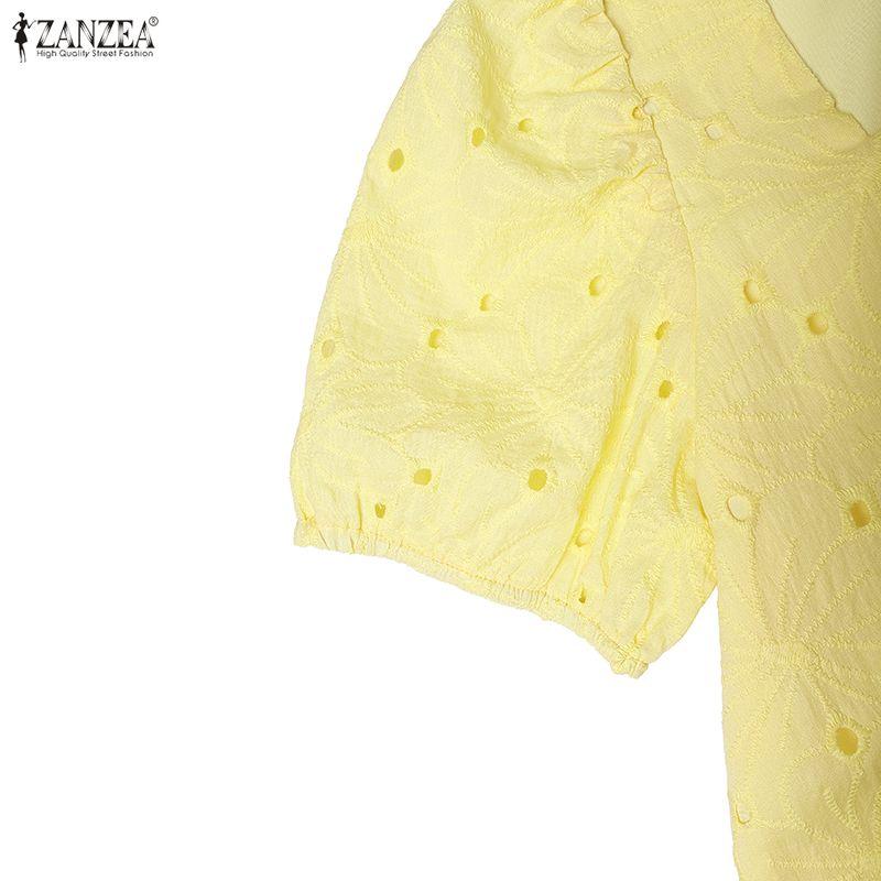 ZANZEA Women Summer Elegant Casual Square Collar Lace Crochet Patchwork Half Sleeve Dress