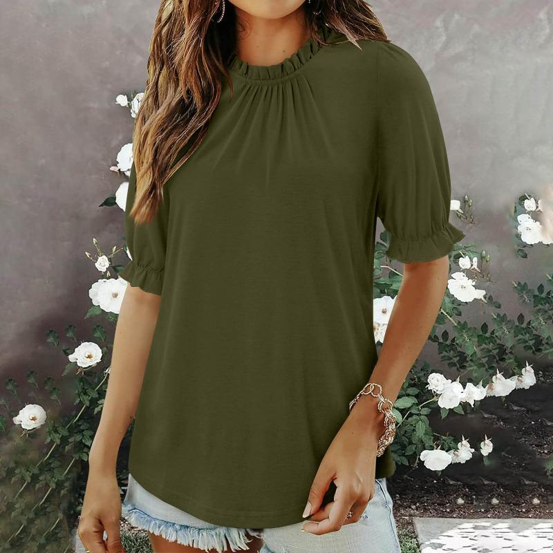 Women S Solid Color Round Neck Mid Sleeve Pleated Top