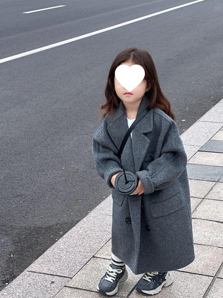 Trendiger Wollmantel für Kinder - Koreanischer Stil, Mittellang, Grau, Unisex, Herbst-/Winterkollektion 2025