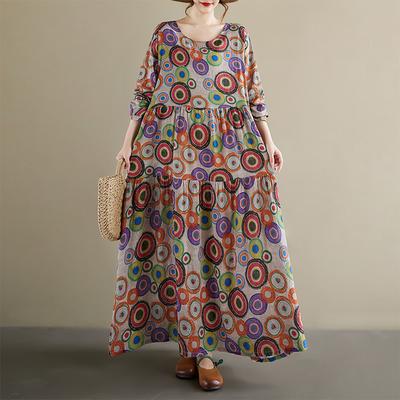DIMANAF 2025 Women Plus Size Spring Long Dress Loose Basic Printing Vintage Casual Floral Oversize Long Sleeve Maxi