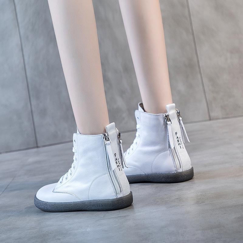 Women's Plus Size High-Top White Martin Boots - 2025 Versatile Autumn/Winter Flat-Bottom with Thickened Fleece and Double Zippers.
