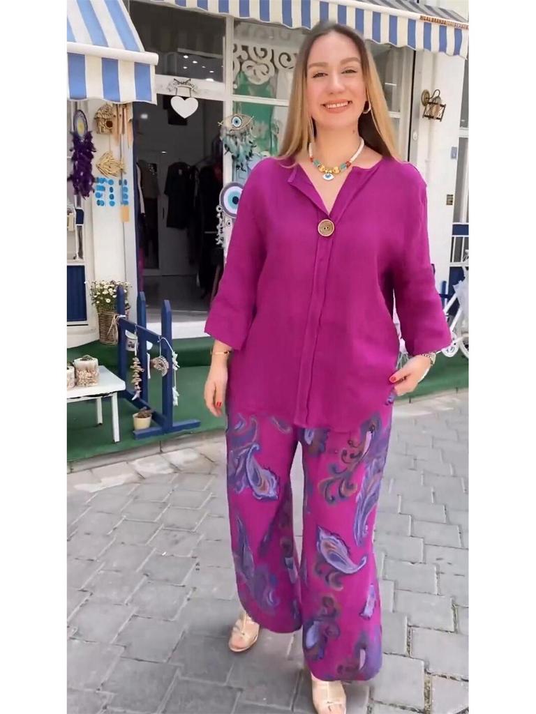 2024 Fashion Women's Cotton Linen Two-Piece Set: Loose Long Sleeve Top & Casual Print Pants