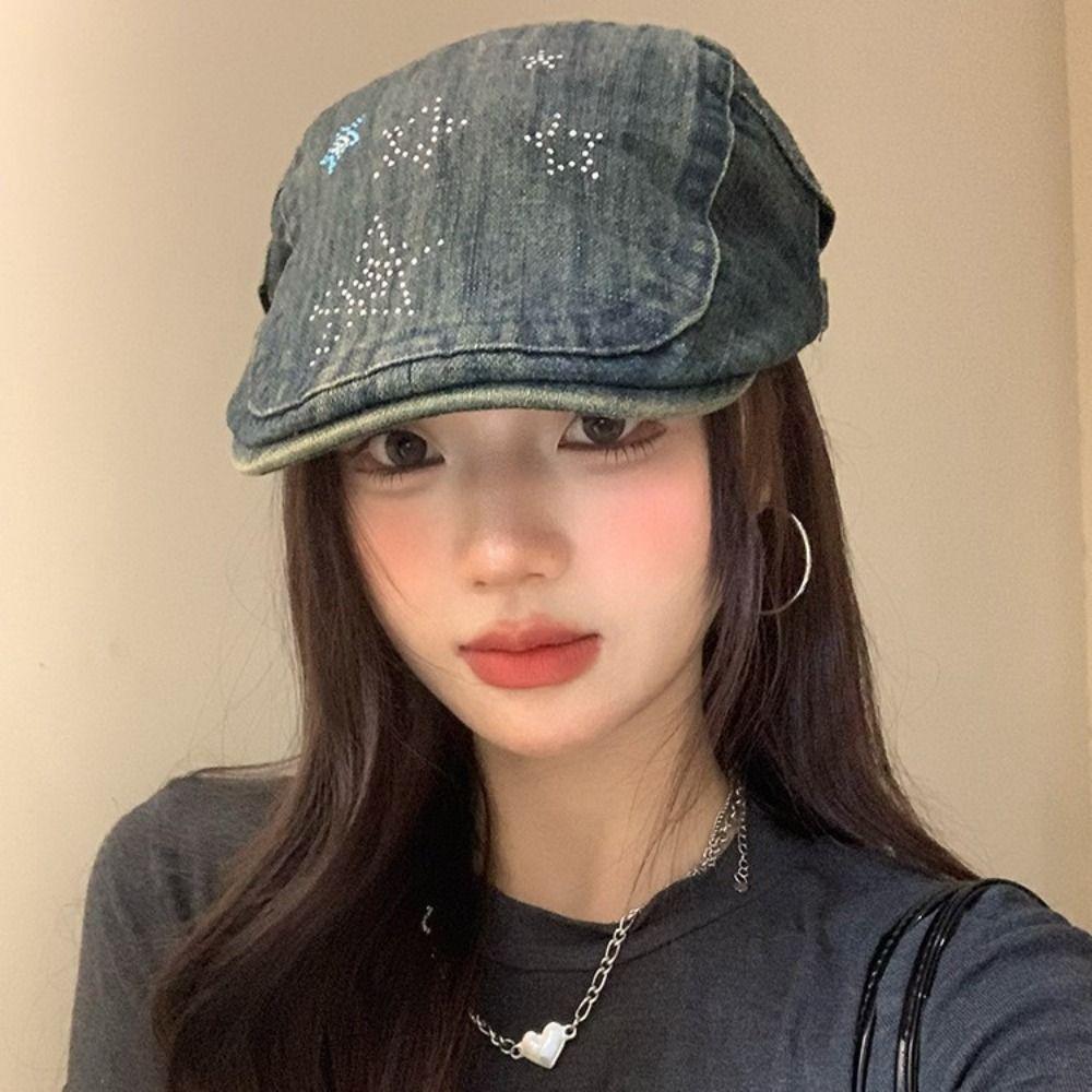 Y2k Star Cowboy Beret Embroidey Painter Hat Casual Artist Hat Spring Summer