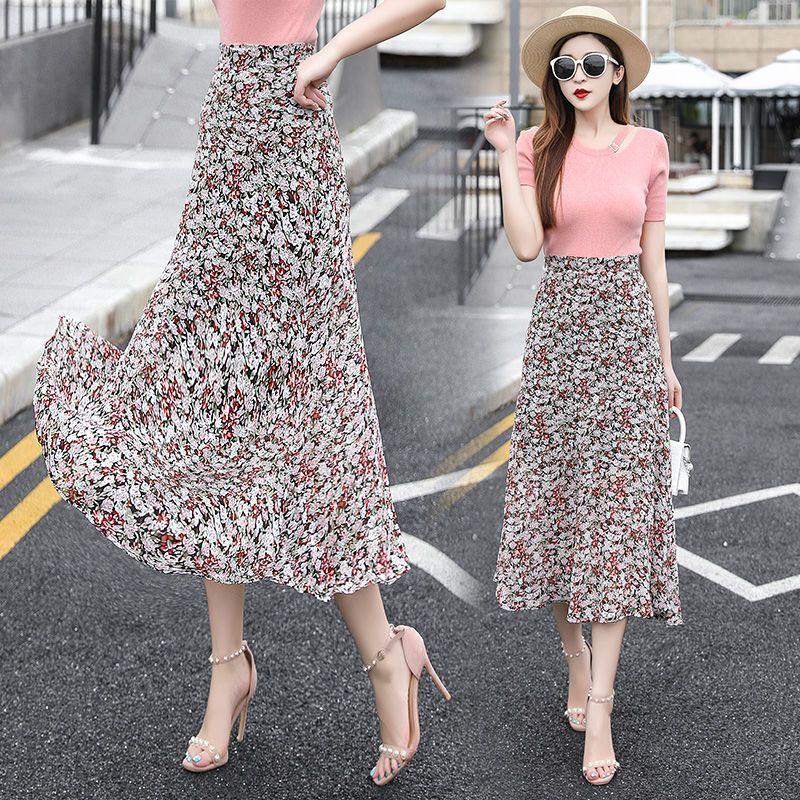 Fustă de vară pentru femei, cu imprimeu floral A-line, din șifon, Midi, talie înaltă, slăbire, lungime medie, stil, fustă mare, leagăn, fustă florală