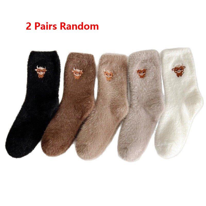 Autumn Winter Warm Floor Socks Fleece Thickened Embroidered Sleep Socks Cartoon Cute Mid-Tube Stockings Women