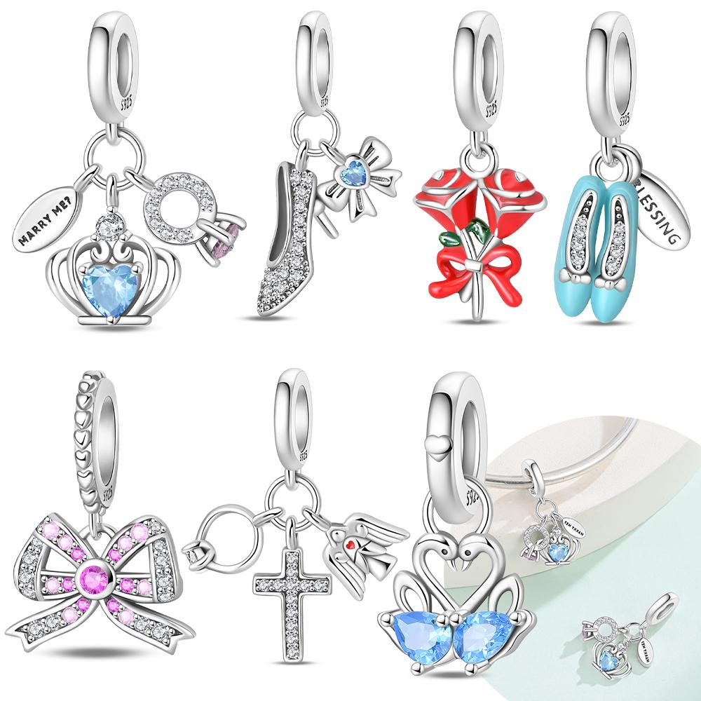 Charms Copper Original Blue Zircon Swan Pendant Butterfly Shoes Bead Fit Bracelet Women Jewelry Diy Accessory Gift