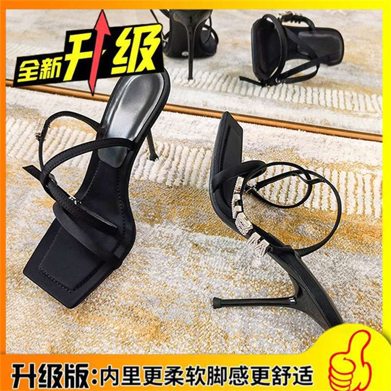 One-word buckle sandals king black women's shoes stiletto 2025 new summer rhinestone letter square head high heels