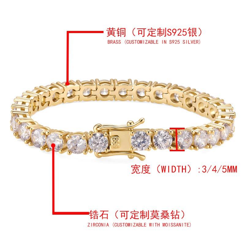 Zircon Tennis Bracelet 3-5mm Gold Plated Copper Chain Men Women Hip Hop Style Geometric Design
