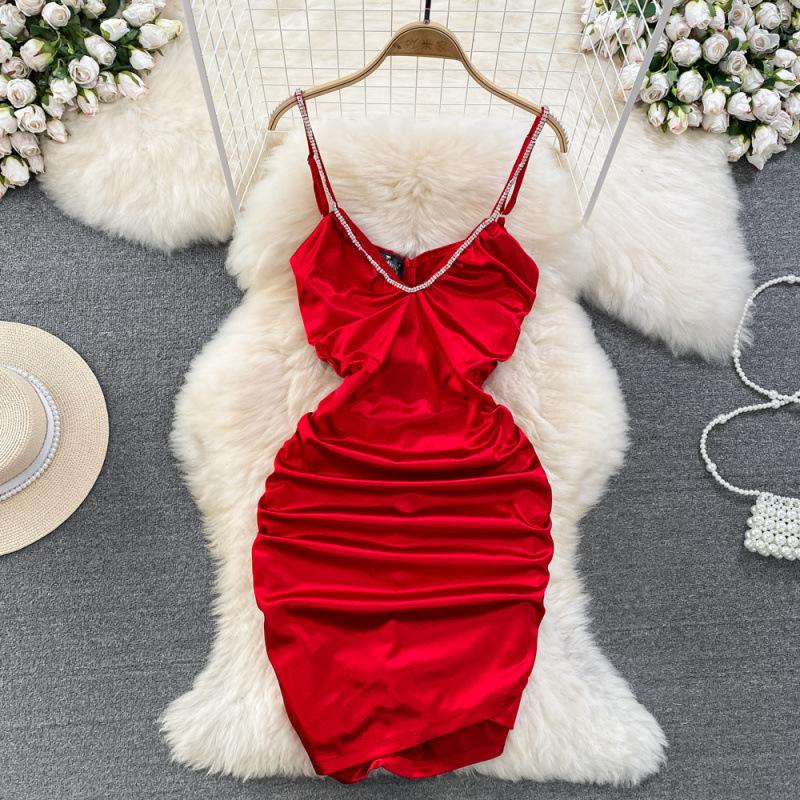 Sweet Cool Spice Girl Acetate Satin Suspender Skirt Fashion Waist Skinny Small Folded Short Hip Wrap Dress Summer