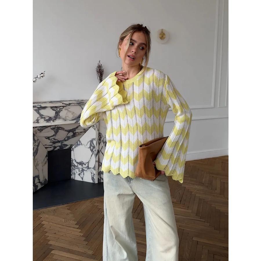 Back Hollow Women's Crew Neck Long Sleeve Knitted Sweater Autumn and Winter