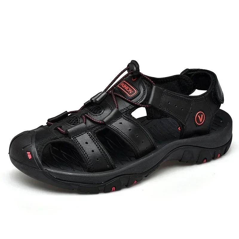 Große Größe 38 48 Herren Echte Leder Sportsandalen Atmungsaktiv Meeresufer Strand Outdoor Wandern