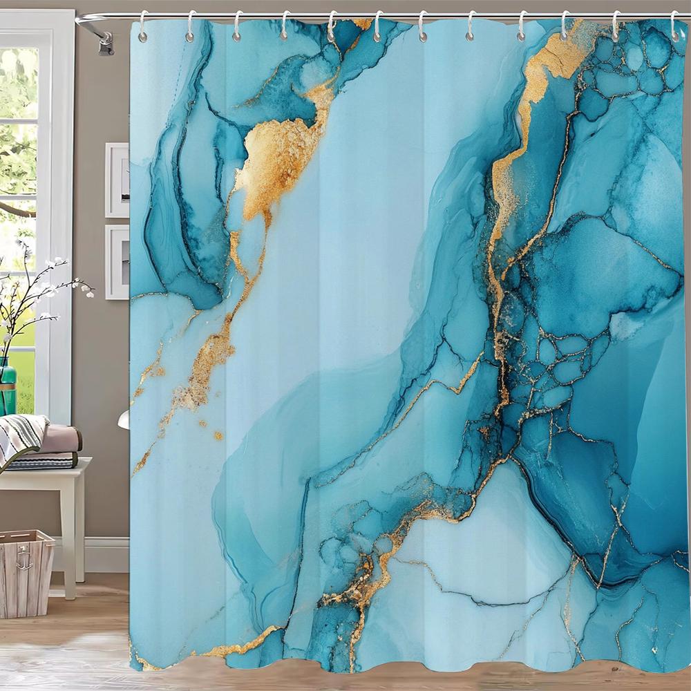 Abstract Marble Pattern Shower Curtain, Geometric Printed Bathroom Decorative Shower Curtain, Fabric Home Curtain with Hooks