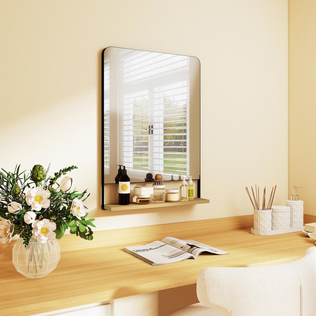 Wall Mirror with Wood Shelf - Black