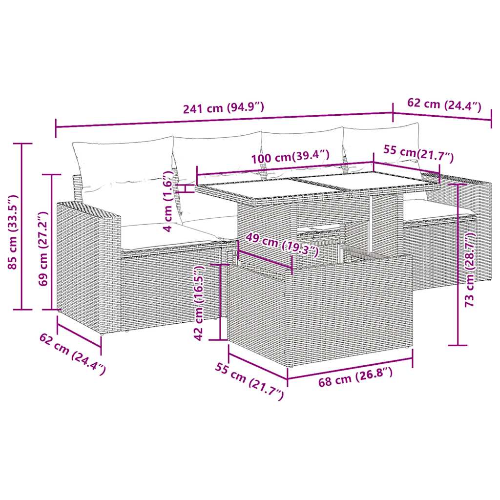 5 Piece Garden Sofa Set with Cushions Light Grey Poly Rattan