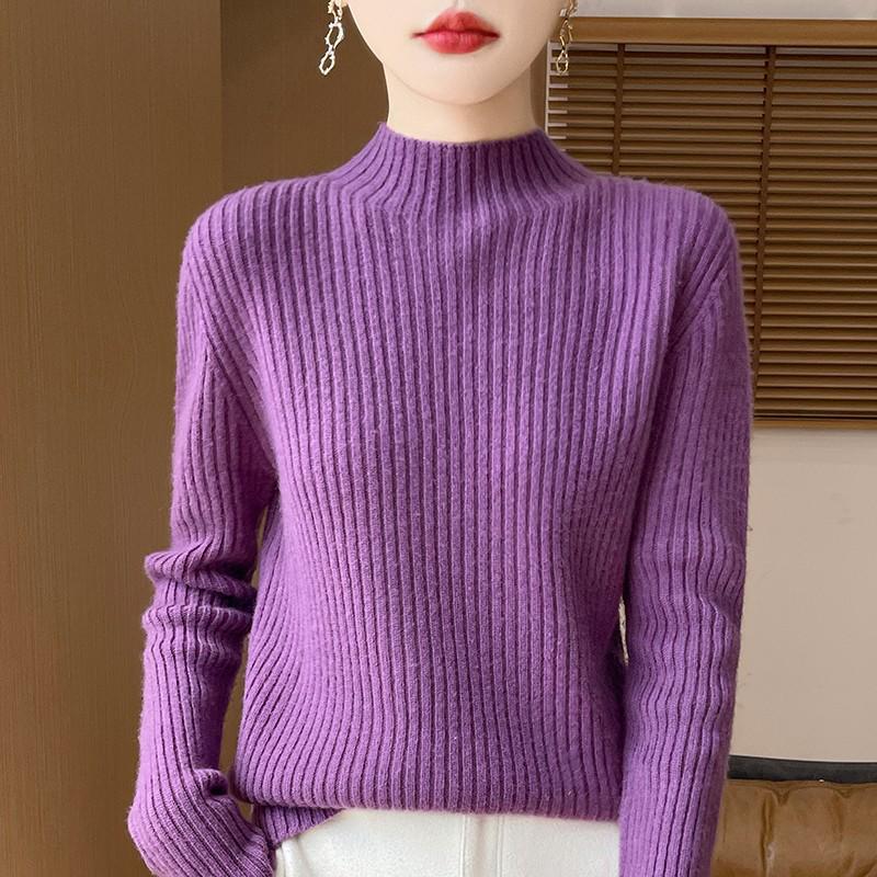 Women's 100% Pure Wool Half-High Collar Thick Knit Sweater - Warm Autumn/Winter Base Layer Pullover