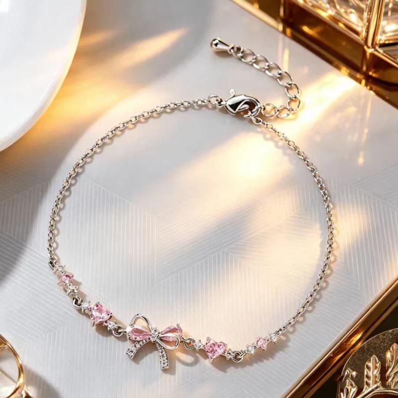 Shiny Pink Bow Heart Zircon Jewelry Set Necklace Bracelet for Women Trendy Y2K Style Accessory Gift for Teens