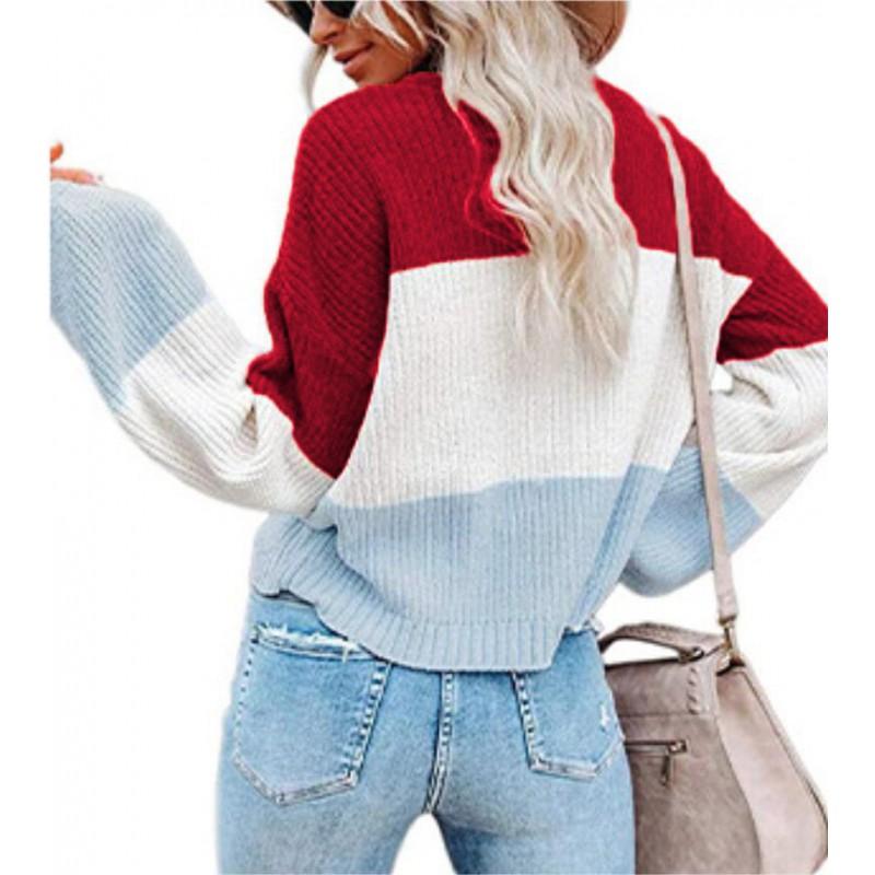 Womens Winter Loose Knit Sweater With Color Block Lantern Sleeves Round Neck Long Sleeve