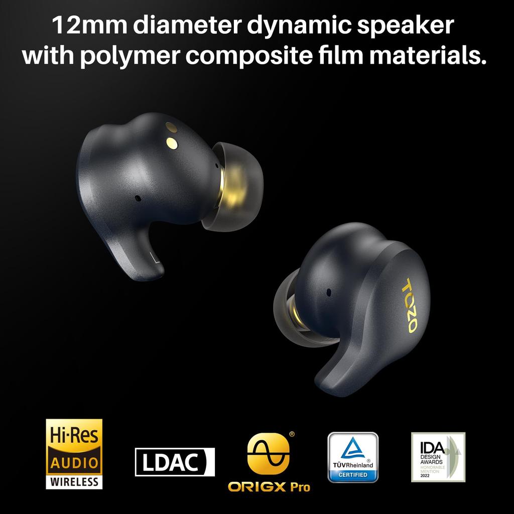TOZO Golden X1 Wireless Bluetooth Multipoint EQ Dedicated App OrigX LDAC Noise True Wireless IPX6 Balanced Armature Driver Hybrid Dynamic Black