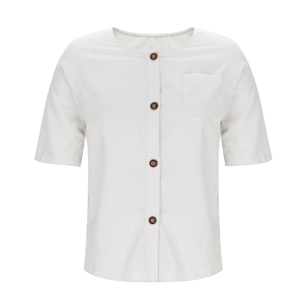 Summer Loose T-shirt Women's V-neck Cotton and Linen Button Top