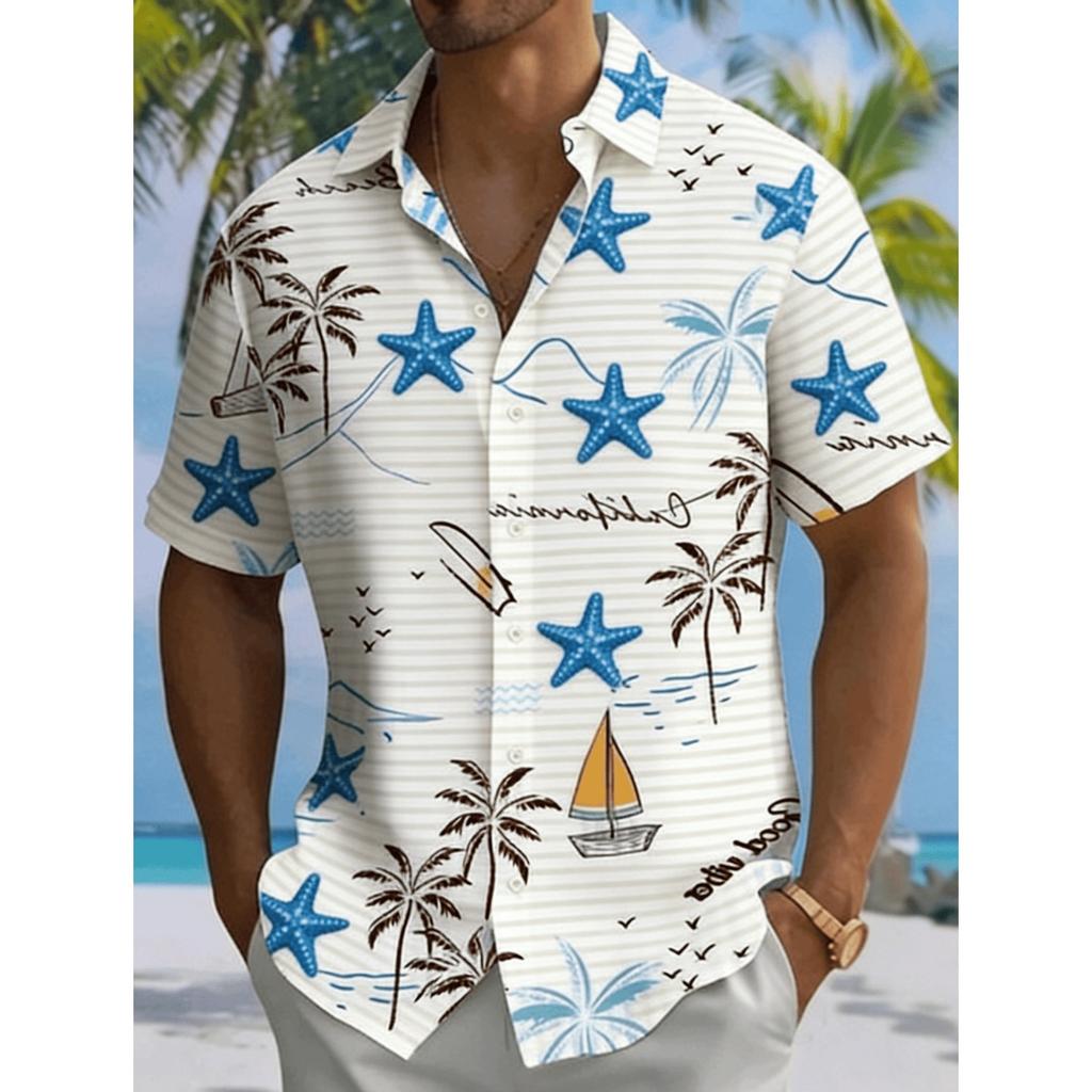 Men's Coconut Tree Beach Ocean Print Short Sleeve Shirt, Spring Summer Vacation Blouse, Loose Casual Top