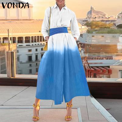 Women Vintage Gradient Print Long Sleeve Shirt Dresses