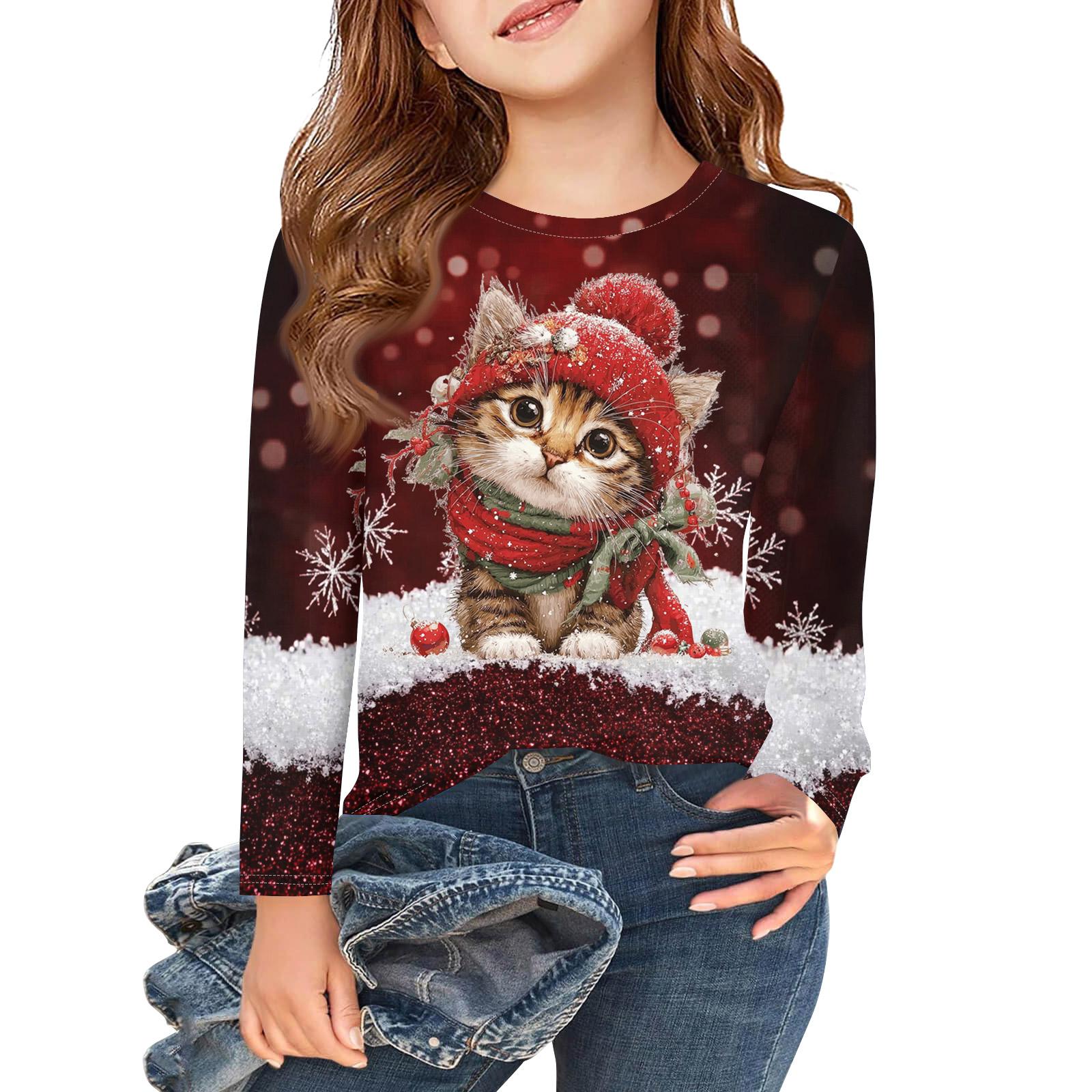 

Рождественские футболки с длинным рукавом для девочек, детские осенние топы с круглым вырезом и принтом, базовые футболки 160 винный