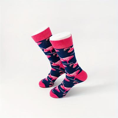 1 paire de chaussettes d'automne et d'hiver, nouveau motif flamant rose, fond violet foncé, bouche rouge, dessin animé, chaussettes en coton pour hommes, chaussettes mi-hauteur