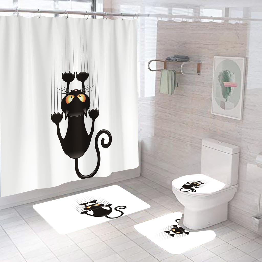 Cartoon Cat Shower Curtain Set Animal Black Waterproof Bath Toilet Lid Seat Cover Bath Non-Slip Mat Rug Bathroom Decot Cover