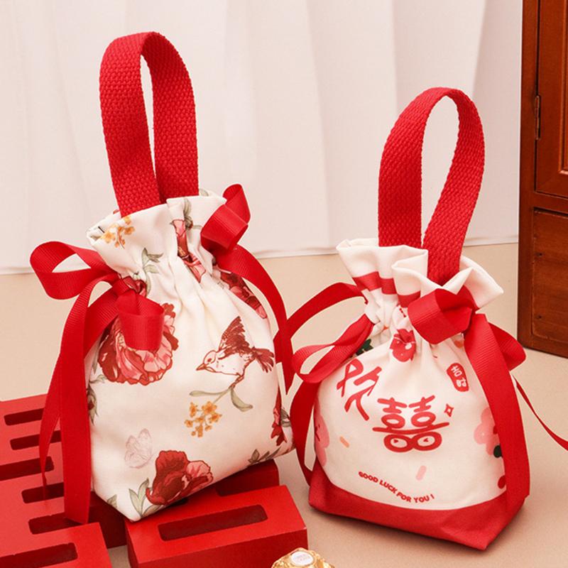 Floral Canvas Drawstring Bag Small Flower Pouch Jewelry Packaging Bag Wedding Candy Christmas Gift Packaging Bag Bowknot Bag