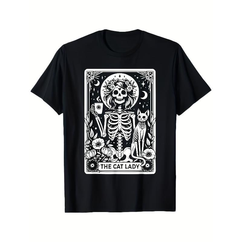 European sizes Skeleton Cat Card T-Shirt - Gothic White Cat & Floral Print with The Cat Text - Soft Black Short Sleeve Round Neck Tee for Men
