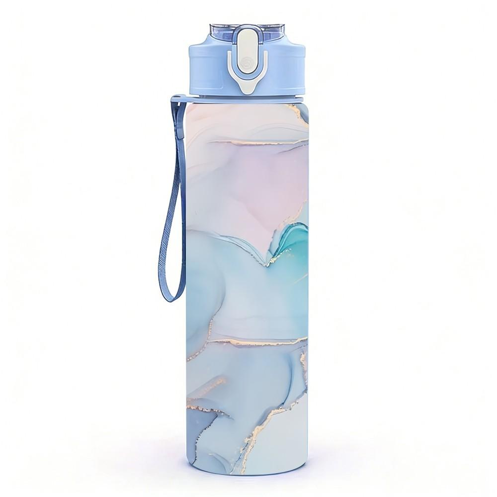 1PC Lilac Blue Ink Marble Pattern 750ml Color Plastic Sports Water Bottle Leakproof Flip Straw Lid Suitable for Sports Office Home Use