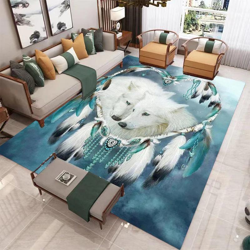Wolf Carpet Wild Animal Doormat Bohemia Style Dreamcatcher Area Rug for Living Room Bathroom Decor Woodland Wildlife Floor Mat