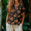 Women's Casual Henley Neck Button Front Shirt Halloween Pumpkin Print Short Sleeve Blouse Lightweight Loose Fit Top