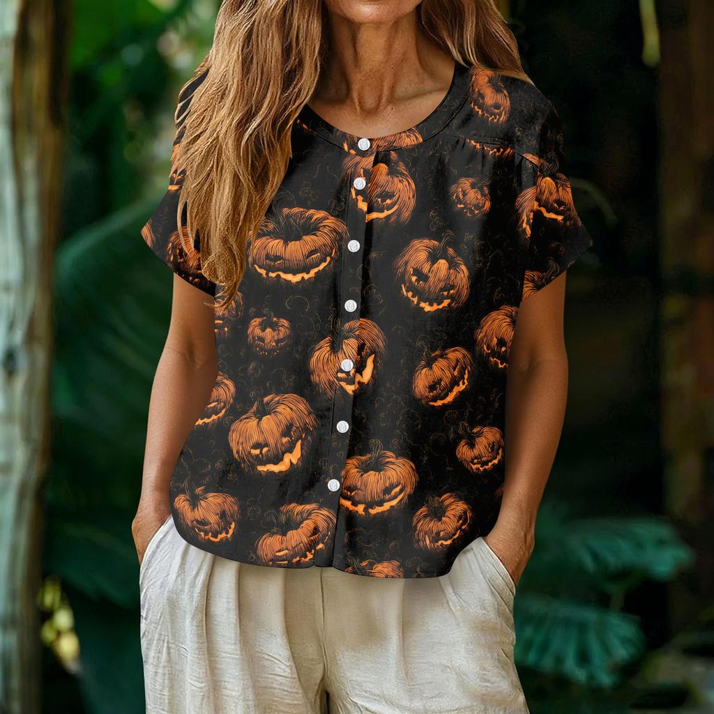 Women's Casual Henley Neck Button Front Shirt Halloween Pumpkin Print Short Sleeve Blouse Lightweight Loose Fit Top