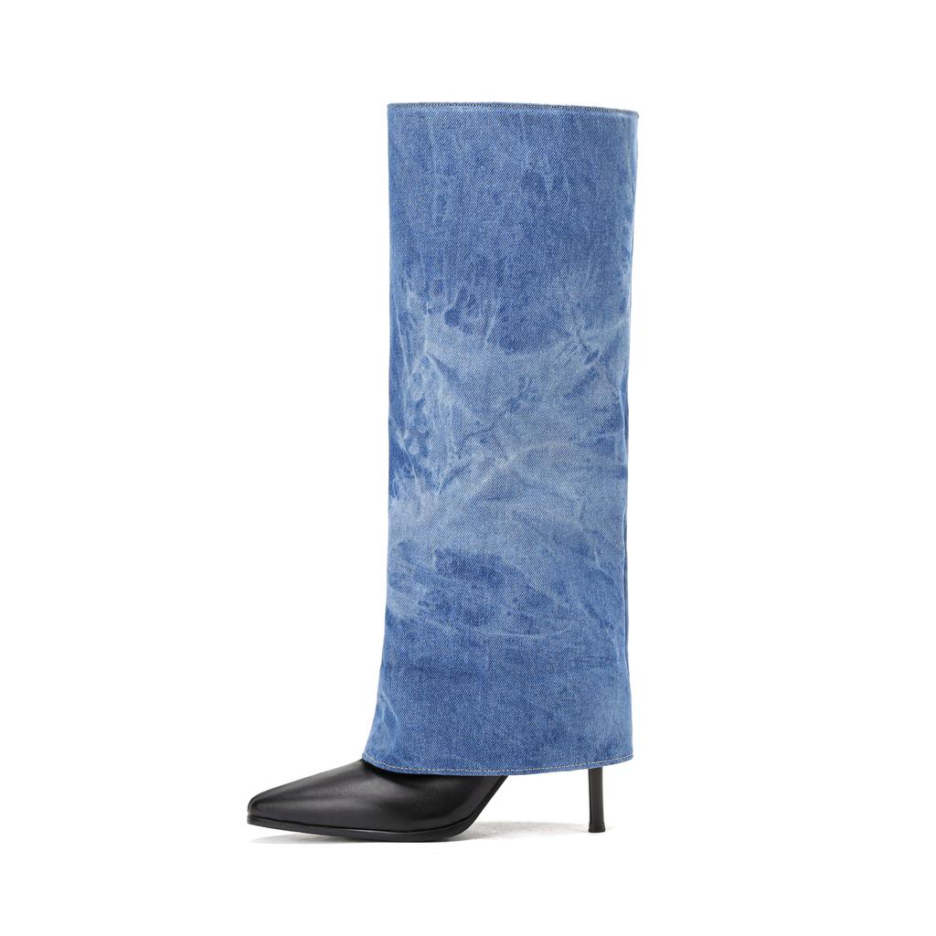 Women's High-heeled Medium Boots Autumn and Winter New European and American Style Pointed-toed Thin-heeled Large-size Cowboy Pipe Boots