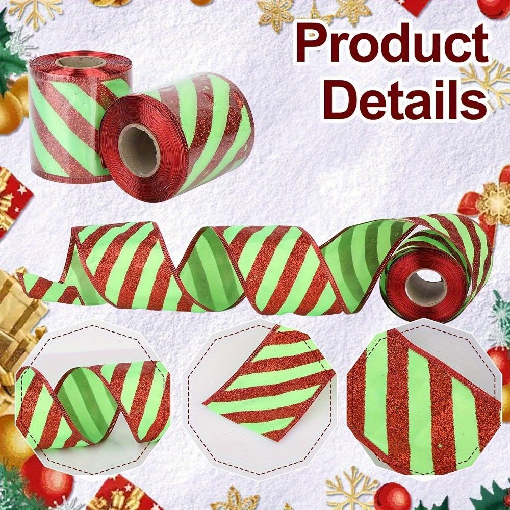 1pc Christmas Wired Edge Ribbon Green with Red Glitter Stripes Classic Craft Ribbon for Holiday Decor Christmas Tree Bows Wreaths Gift Wrapping